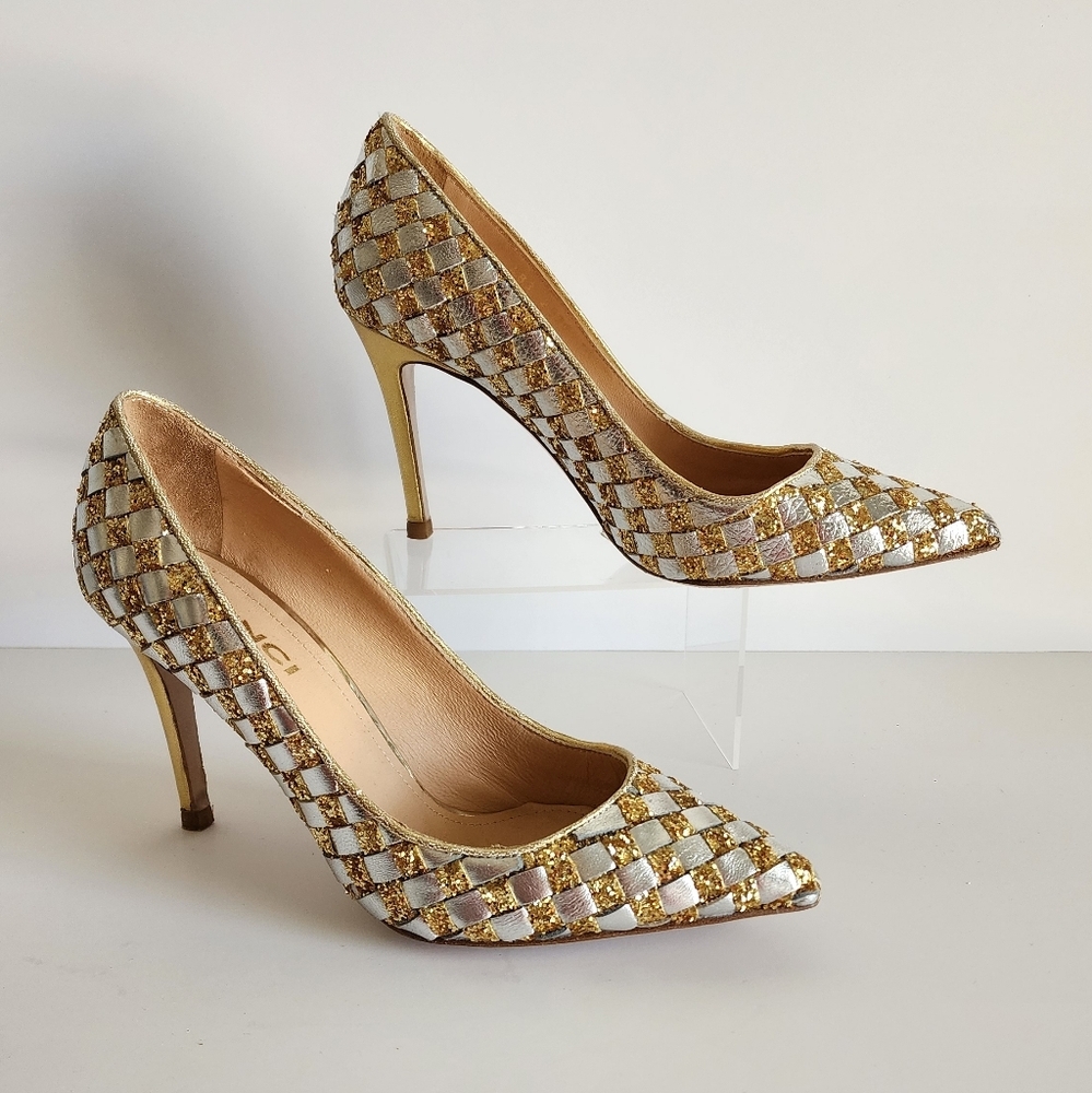 The Saks Tory Gold & Silver Handwoven Women Leather Women Size 6 Chic Pumps